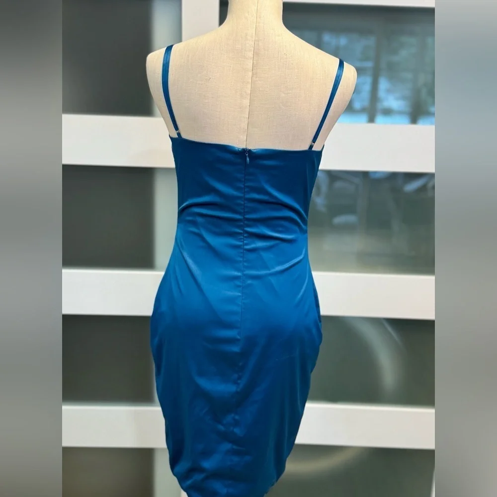 OH POLLY size 10 mini spaghetti strap cerulean blue mini satin dress - Picture 6 of 16